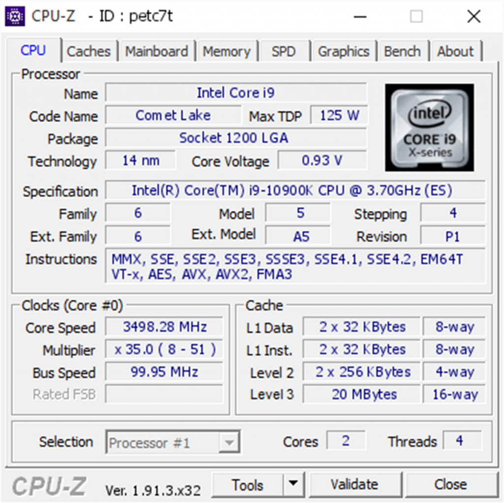 CPU-Z Intel Core i9-10900K 3498 MHz