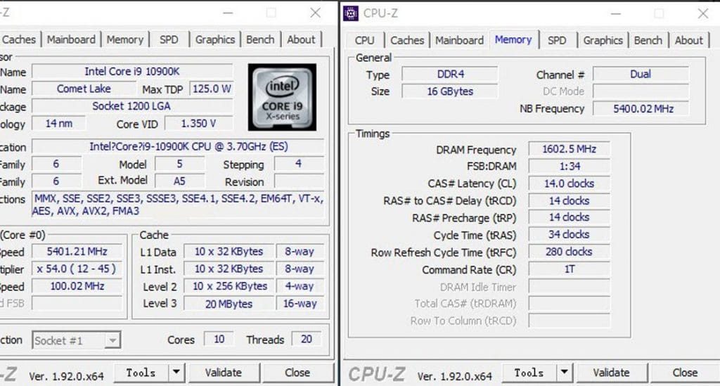 CPU-Z Intel Core i9-10900K à 5,4 GHz