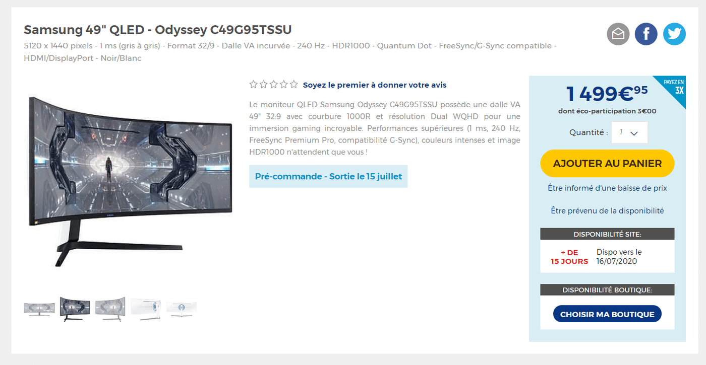 prix écran Samsung Odyssey G9 C49G95TSSU