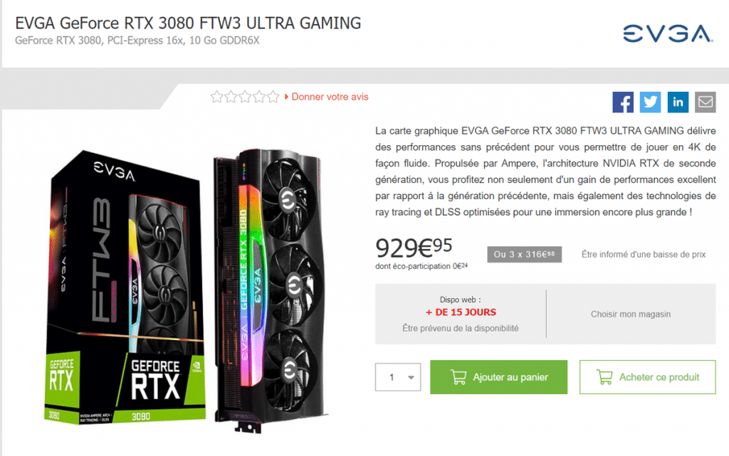 Prix EVGA RTX 3080 FTW3 Ultra Gaming