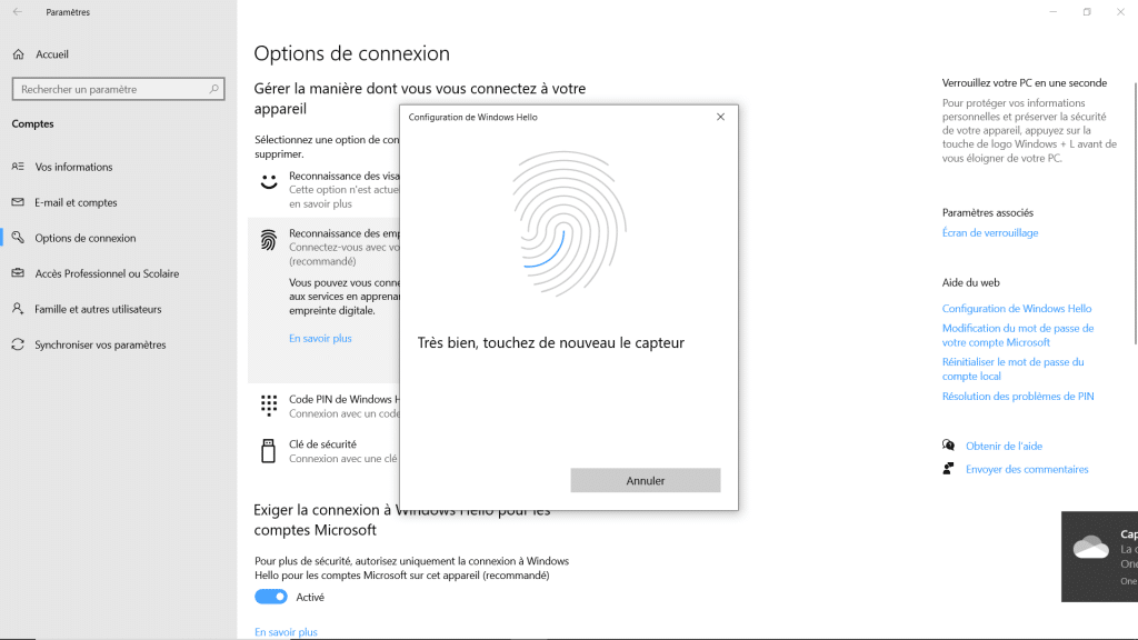 Reconnaissance empreintes digitales Windows 10