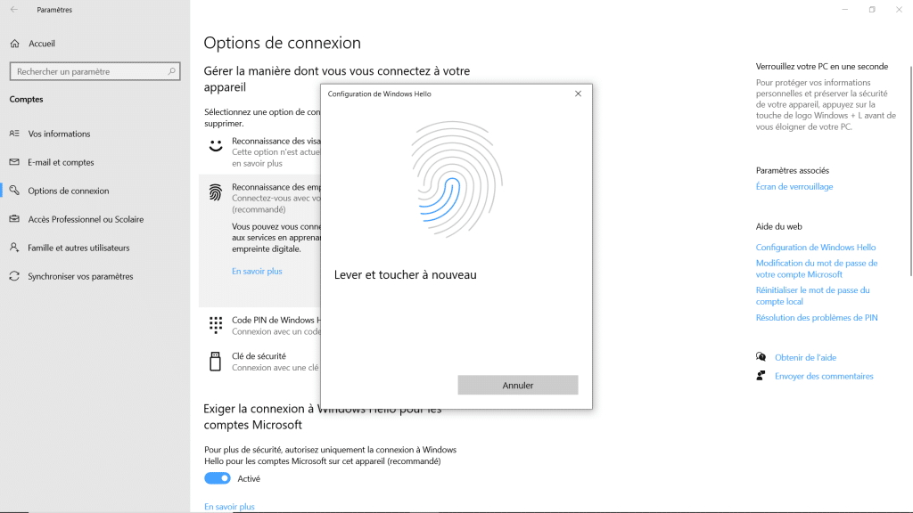 Reconnaissance empreintes digitales Windows 10