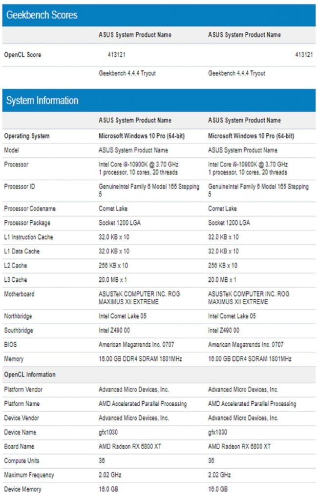 Resultat Geekbench Intel Core i9 10900K
