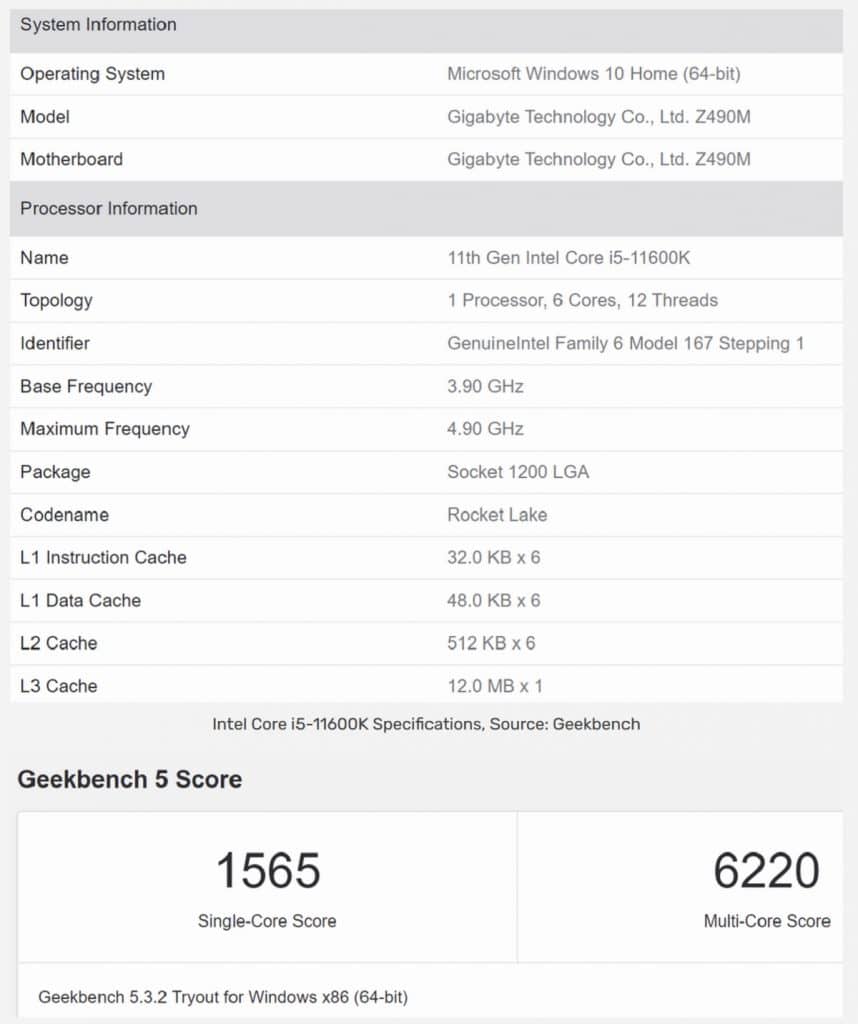 benchmarks Geekbench 5 Intel Core-i5-11600K