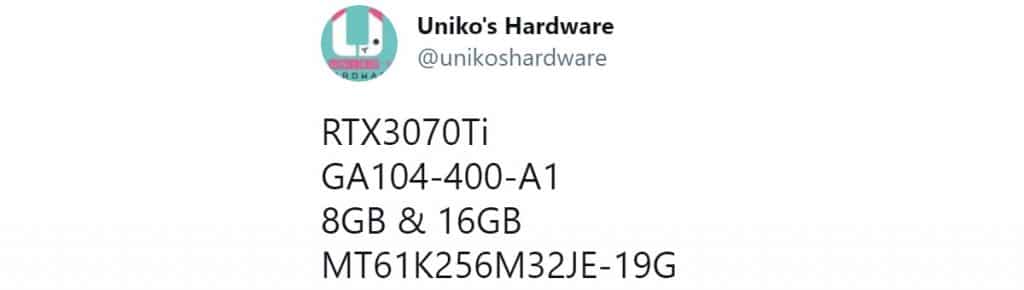 Tweet Uniko's Hardware RTX 3070 Ti