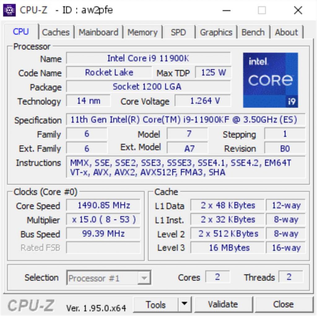 CPU-Z Intel i9-11900K
