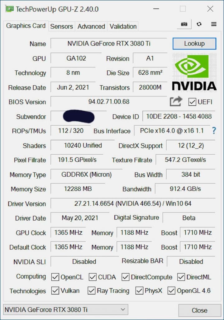 GPU-Z 2.40.0 spécifications techniques NVIDIA GeForce RTX 3080 Ti