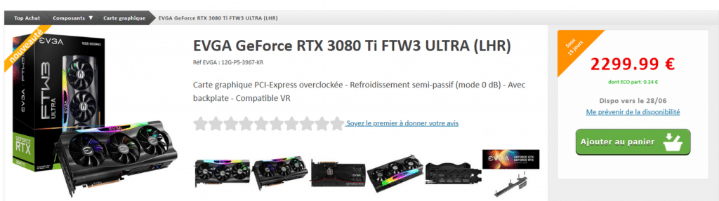 Alerte stock EVGA RTX 3080 Ti FTW3 Ultra LHR