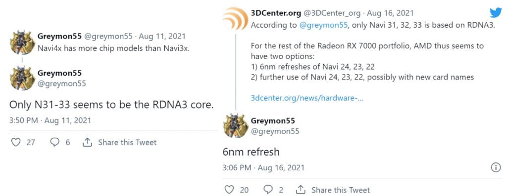Tweet de Greymon55 sur les rumeurs des futurs GPU AMD Navi 3X