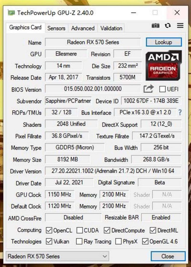 GPU-Z Sapphire Radeon RX 570 Duo