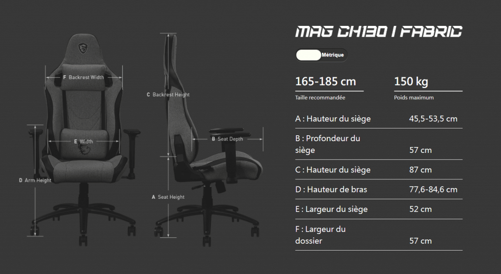 Dimensions fauteuil MSI MAG CH130 IU FABRIC