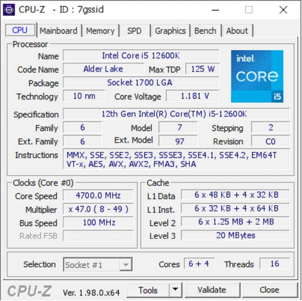 Intel Core i5-12600K logiciel CPU-Z