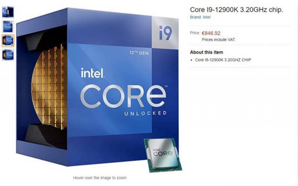 Processeur Intel Core i9-12900K listé Amazon Allemagne