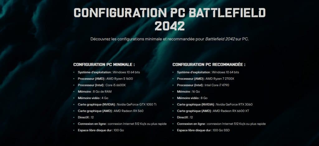 Configurations recommandées pour Battlefield 2042