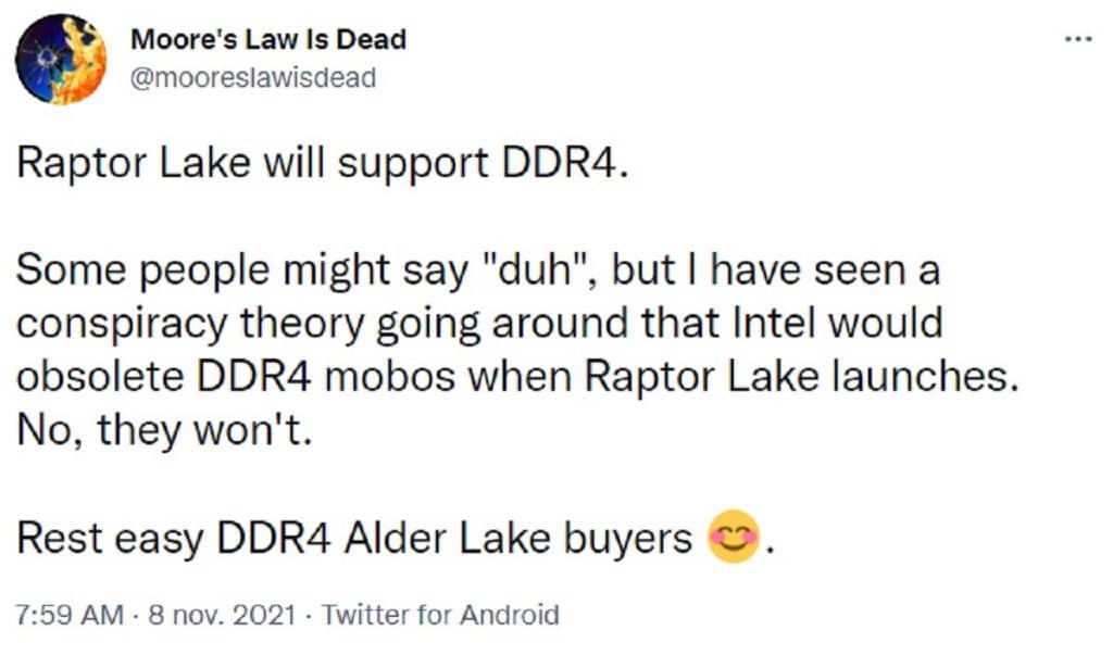 La génération de processeur Intel Raptor Lake supportera la DDR4