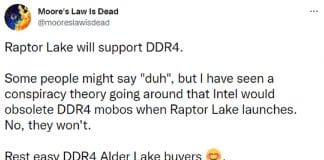 Tweet prise en charge de la DDR4 génération Raptor Lake