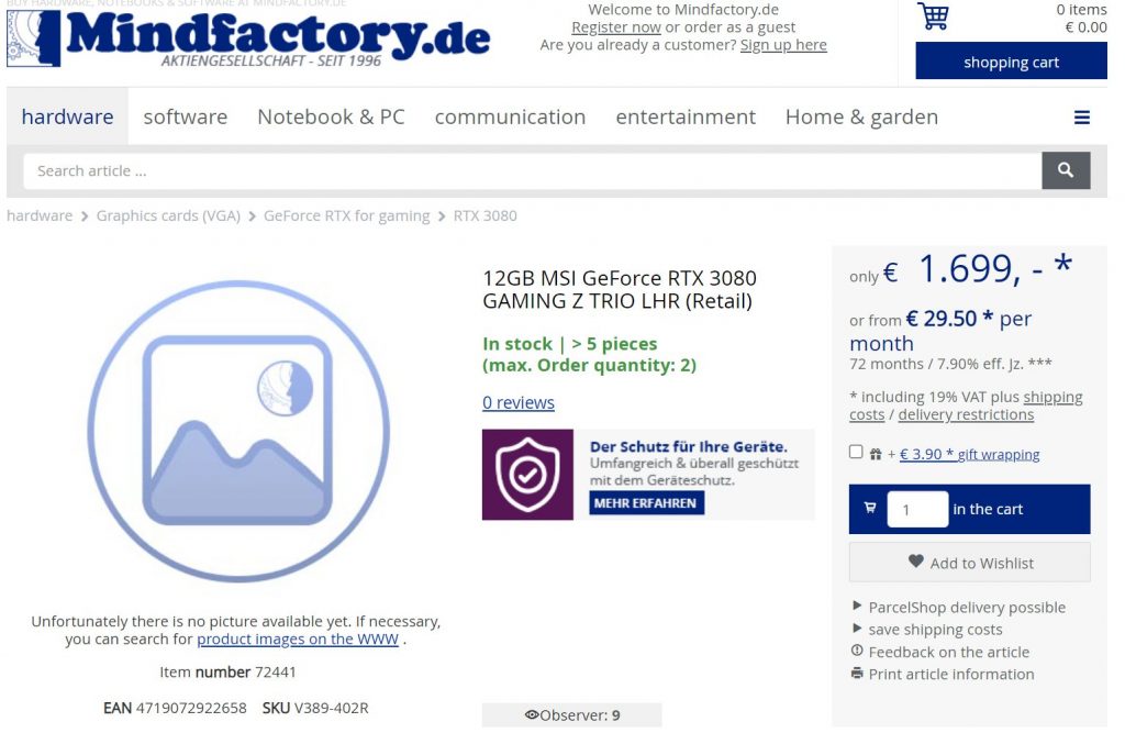 Les MSI RTX 3080 12 Go déjà en ventes en Allemagne à partir de 1699€