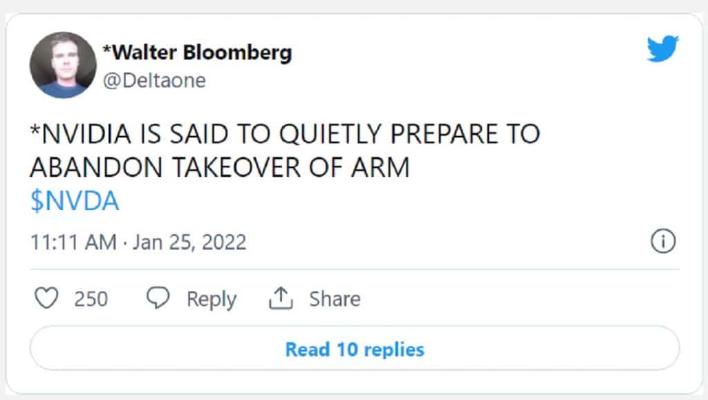 Tweet Blommberg abandons rachat ARM par NVIDIA