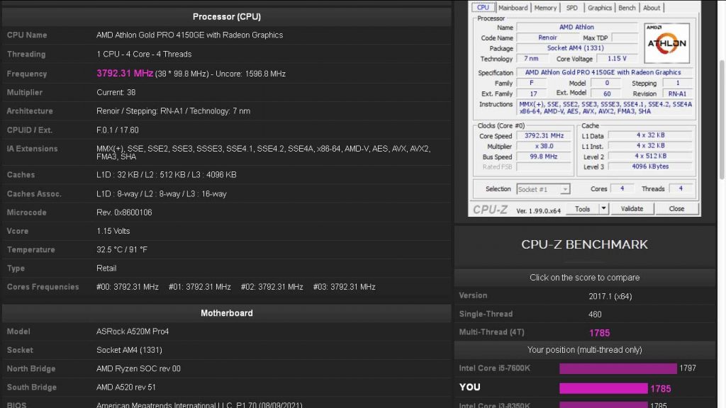 AMD Athlon Gold PRO 4150GE benchmark CPU-Z