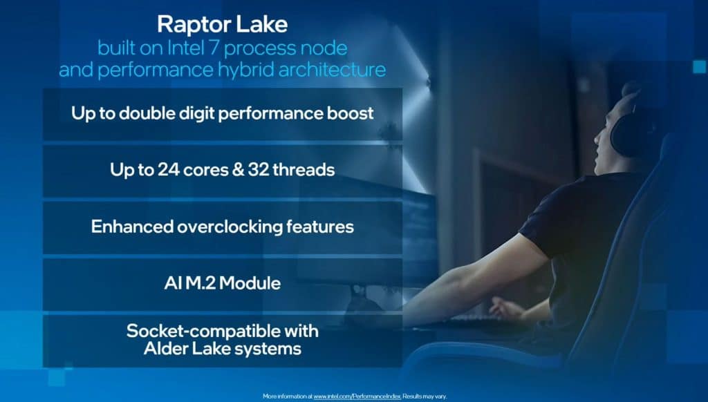Nous savons aussi maintenant que cette prochaine génération utilisera toujours le nœud de fabrication Intel 7 comme la génération actuelle et qu'elle sera compatible avec le socket LGA1700. Intel n'a pas précisé s'il faudra une mise à jour du BIOS pour que nos cartes mères les acceptes, mais cela sera certainement le cas. Cela veut aussi dire que les Raptor Lake pourraient aussi gérer la mémoire DDR4.