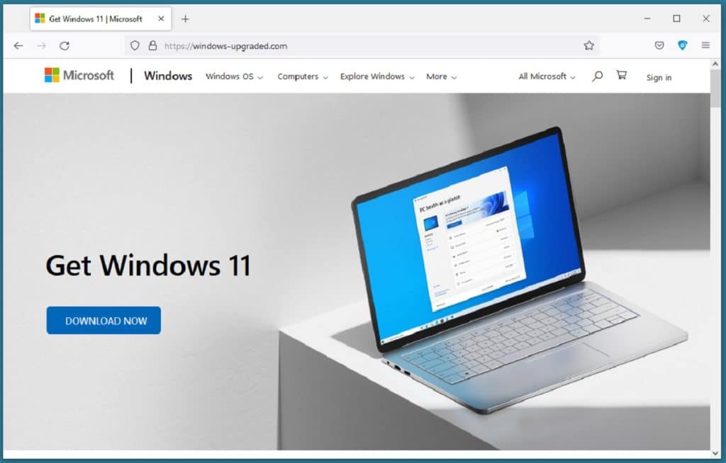 Faux site internet mise à jour Windows 11