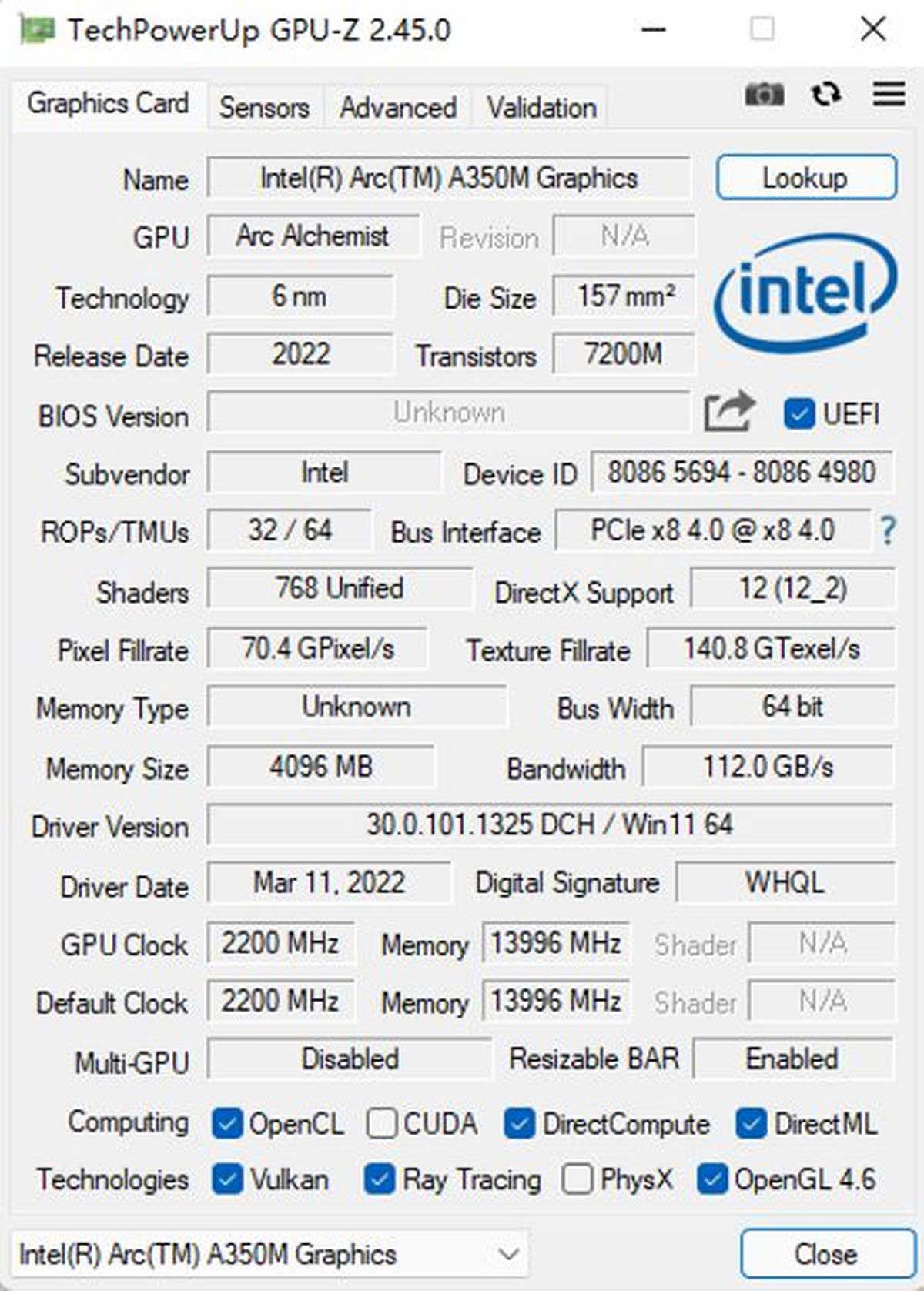 Fréquence Intel ARC A350M GPU-Z