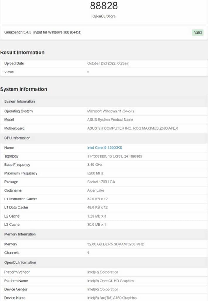 Test Intel Arc A750 Geekbench 5 OpenCL