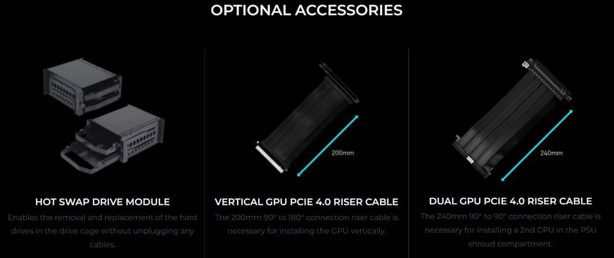 accessoires accompagnant la sortie du lian li V3000 plus : rack HDD et cordon Riser PCIE4.0