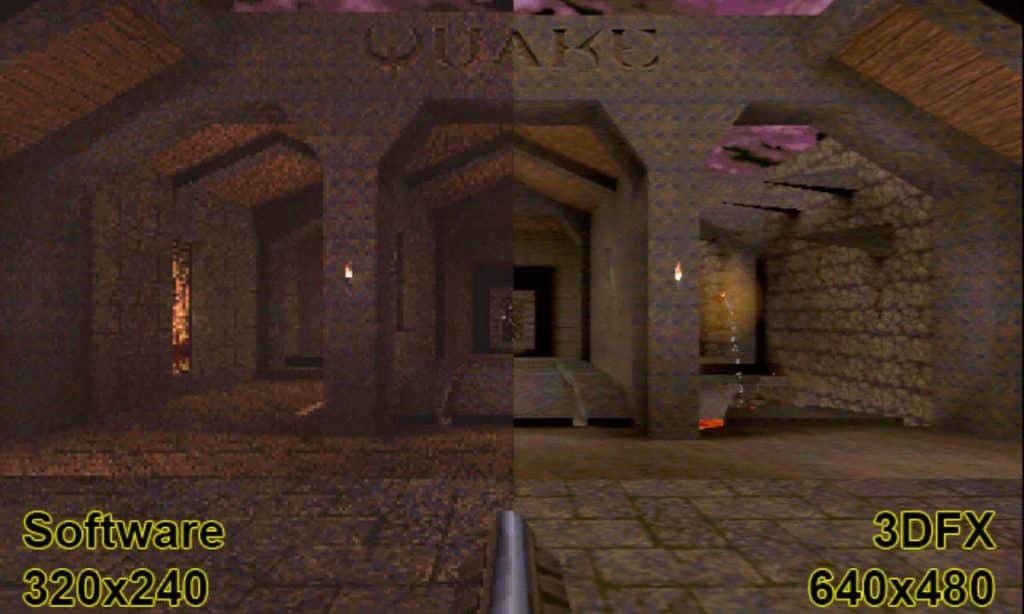 Rendu de Quake software (sans accélération 3D) à gauche, avec GLquake (OpenGL) à droite avec le filtrage d'une carte Voodoo de 3Dfx