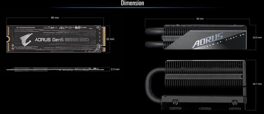 Dimensions du SSD M2 AORUS Gen5 10000 ainsi que de son refroidissement.