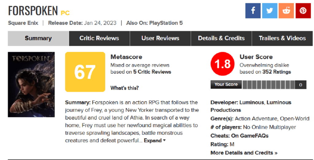 Extrait du site Metacritic pour Forspoken