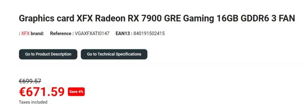 Radeon RX 7900 GRE : affichée à 672 euros en Italie !