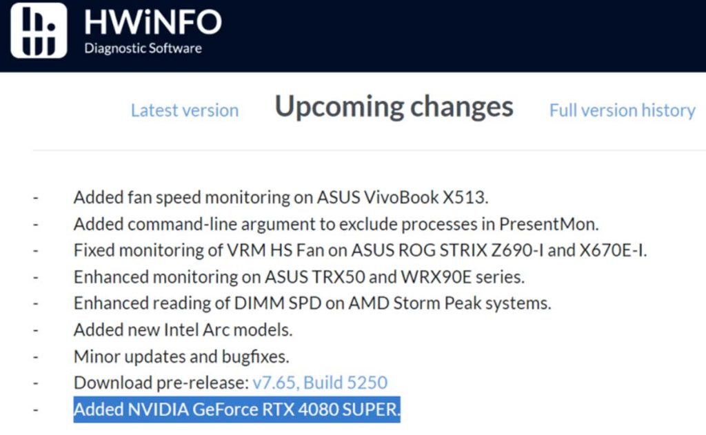 HWiNFO ajoute la RTX 4080 SUPER dans sa dernière mise à jour 