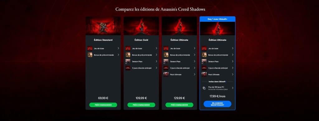 Comparasions éditions Assassin's Creed Shadows