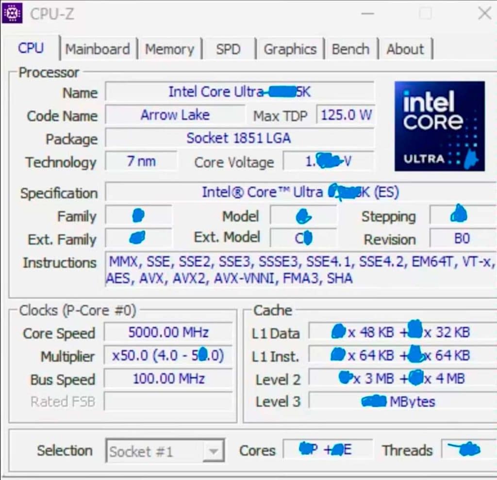 Intel Core Ultra 9 285K : le CPU se montre sous CPU-Z