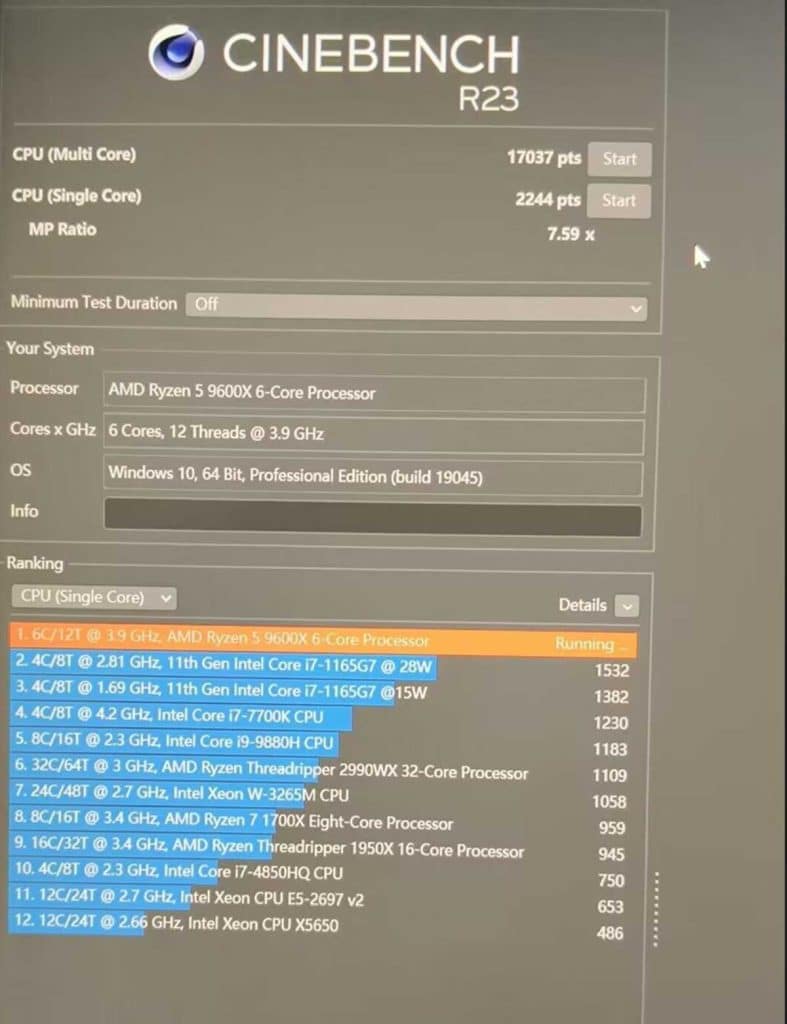 Test AMD Ryzen 5 9600X Cinebench