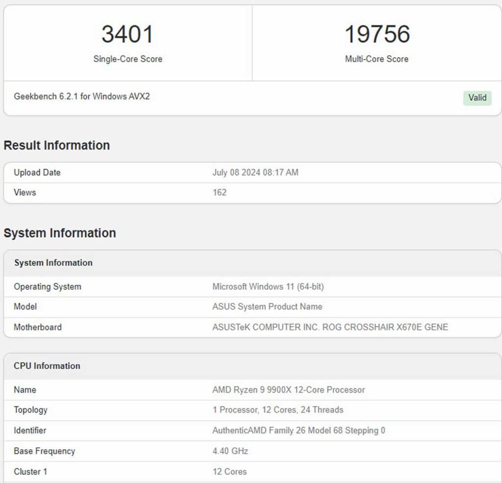 Test AMD Ryzen 9 9900X Geekbench benchmark