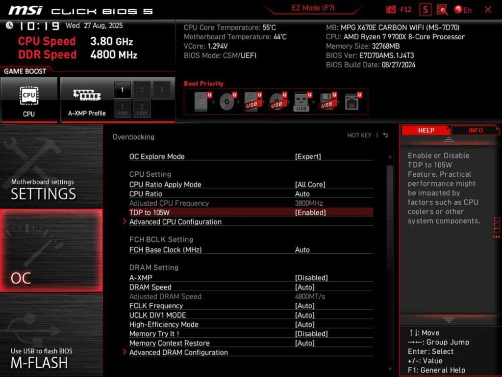 BIOS MSI et Ryzen 5 9600X/R7 9700X : un mode 105W pour booster les perfs