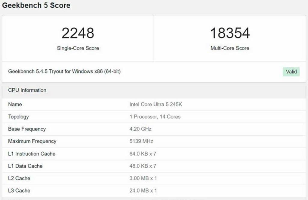 Test Intel Core Ultra 5 245K Geekbench