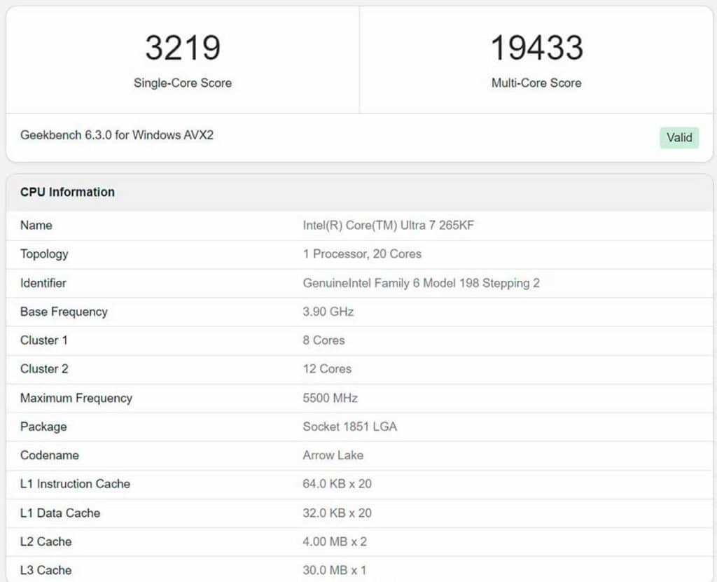 Test Intel Core Ultra 7 265K Geekbench