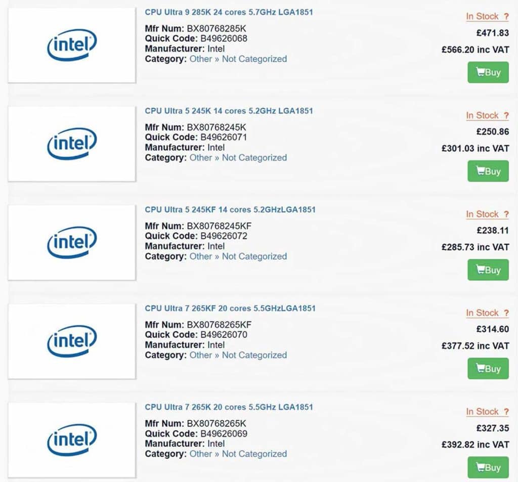 Intel Core Ultra 285K, 265K et 245K : les premiers prix !