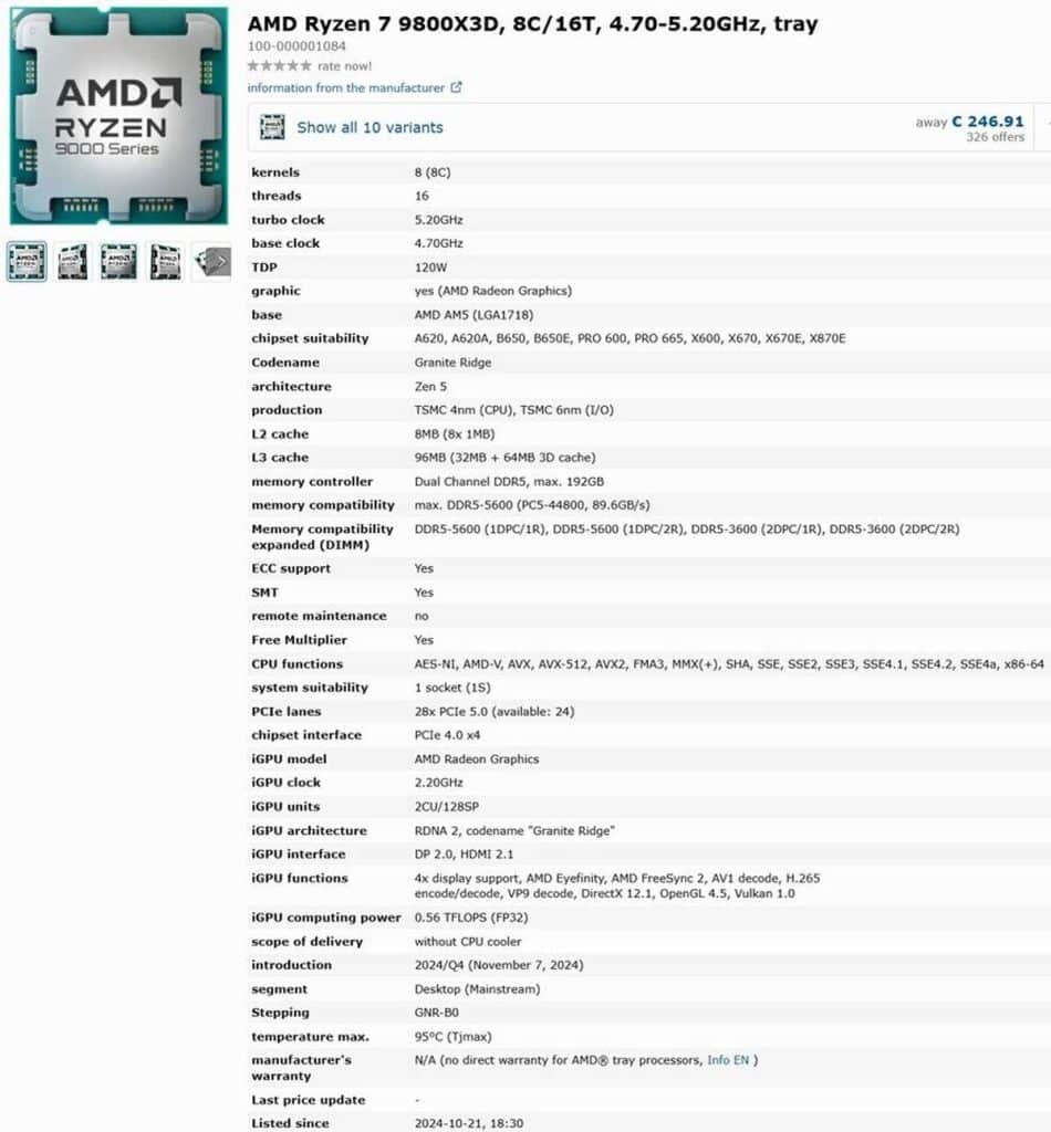 AMD Ryzen 7 9800X3D : toutes les spécifications ont leakés !