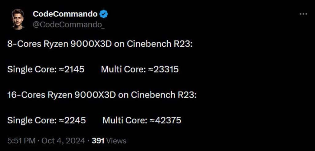 AMD Ryzen 9000X3D : un aperçu des performances Cinebench R23