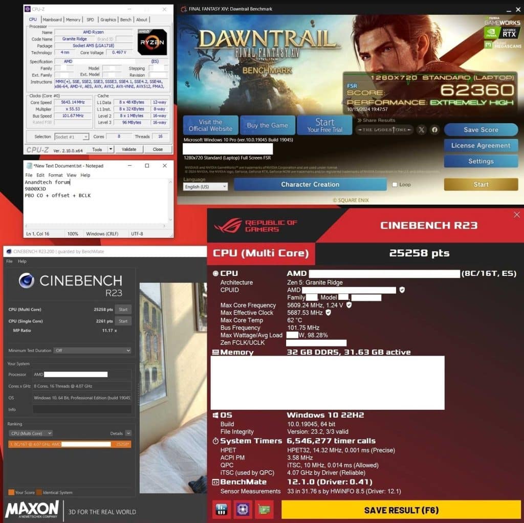 Test AMD Ryzen 7 9800X3D Cinebench R23