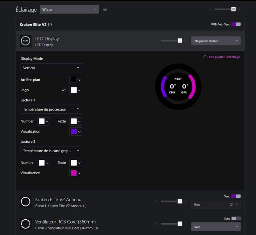 Test NZXT CAM configuration écran KRAKEN 360 ELITE